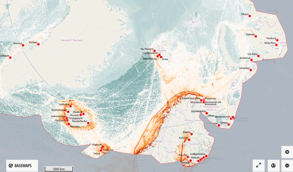 An Arctic ship traffic map showing ship tracks in the Barents Sea